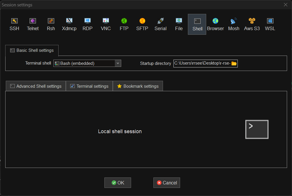 MobaXterm new bash shell terminal panel